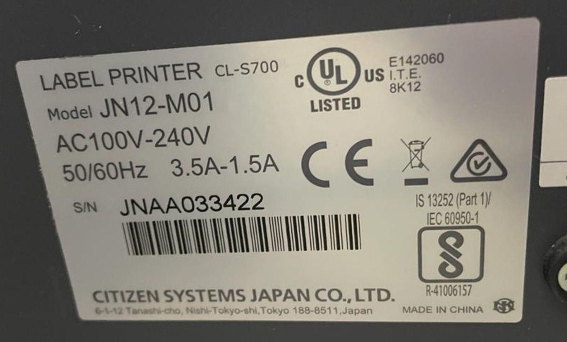 Citizen CLS 700 JN12-MOP Label Printer, Serial Number JNAA033422 & Quantity Labels; Dell OptiPlex - Image 2 of 3