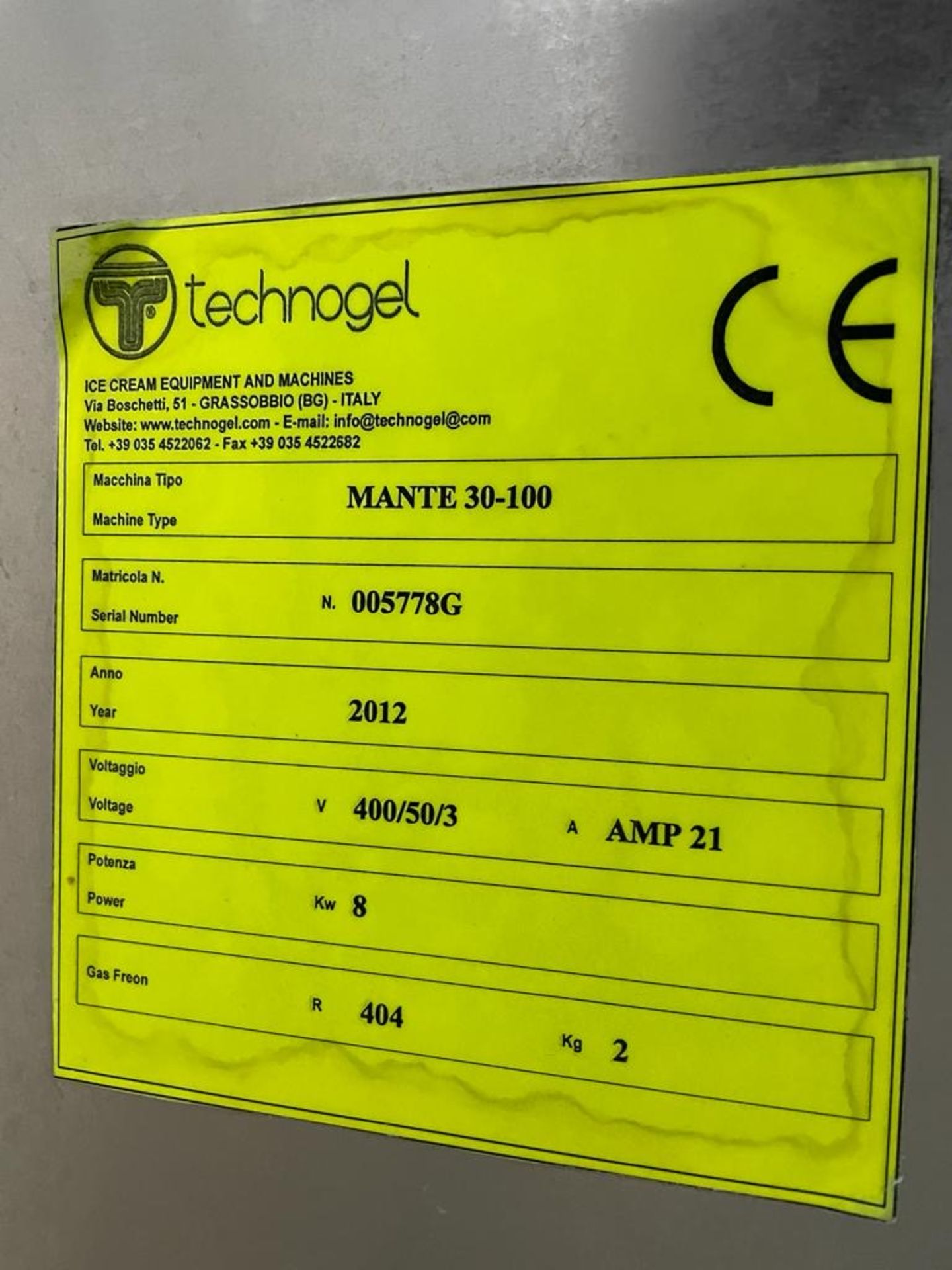 Technogel Mante 30-100 Batch Freezer, Serial Number 0057789, 2012 (Location: NW London. Please Refer - Image 2 of 2