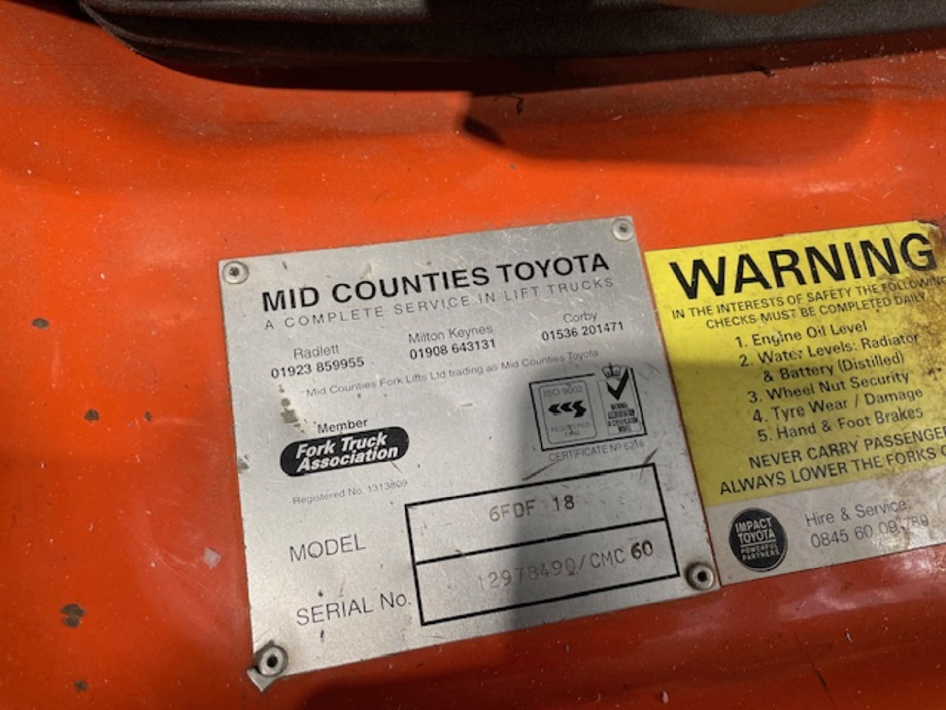 Toyota Model 026 6FDF18 Diesel Forklift Truck (1997), Serial Number 12978490/CMC60 Triple Mast - Image 6 of 6