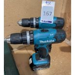 2 Makita LXT DHP453 Cordless Drills with Batteries, 18v (Location: Earls Barton. Please Refer to