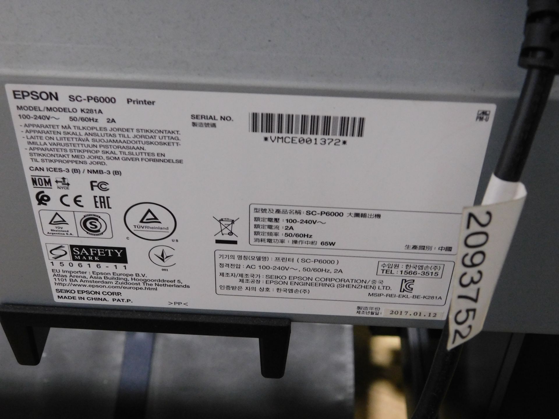 Epson SureColor P6000 Wide Format Printer (2017), Serial Number VMCE001372 (Location: Brentwood. - Image 3 of 3