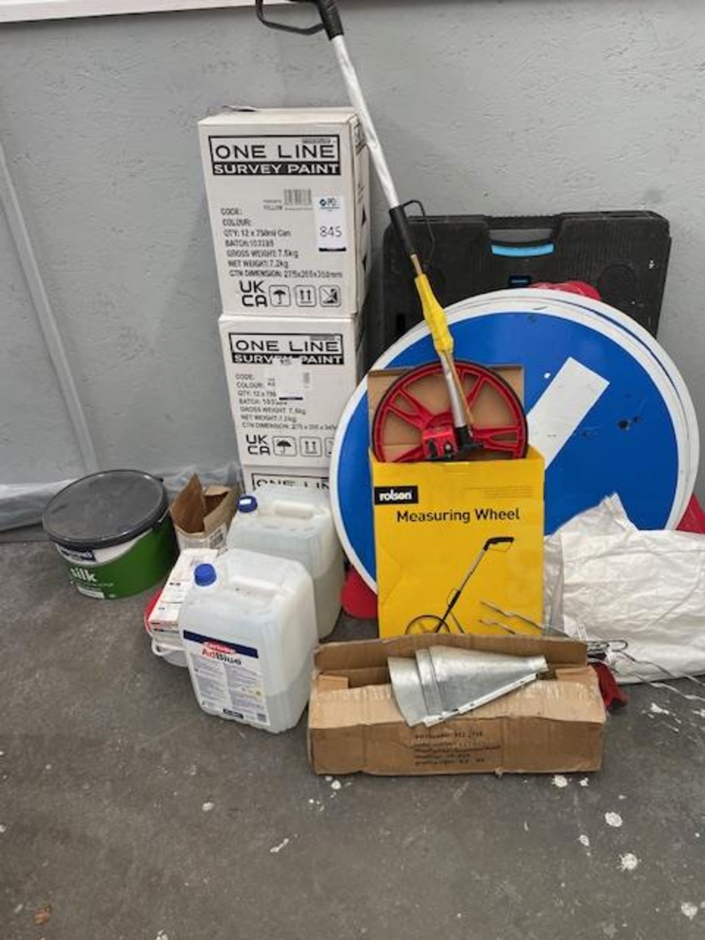 36 Canisters “One Line” Survey Paint, Quantity Ad Blue, Road Signs, Rolson Measuring Wheel, etc. (