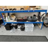2 Tier Bench and Contents including: Rechargeable Vacuum Cleaner, Label Printer, HP Printer, Bike