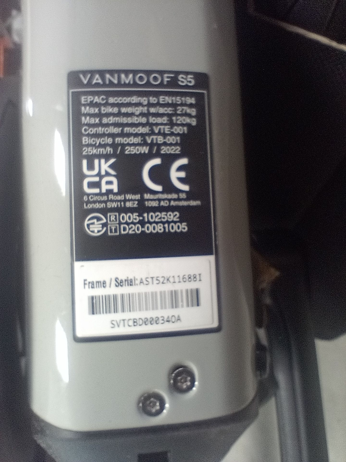 VanMoof S5 Electric Bike, Frame Number AST52K11688I, Serial Number SVTCBD00034OA (NOT ROADWORTHY - - Image 2 of 2