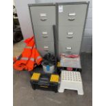 Two 4-Drawer Filing Cabinets, 2 Stanley Tool Boxes, MacAllister Cylinder Vacuum, Hi-Vis Coats & a