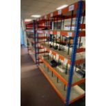 Four Bays of Orange/ Blue Shelf Racking with Chipboard Shelves (Location: Earls Barton. Please Refer