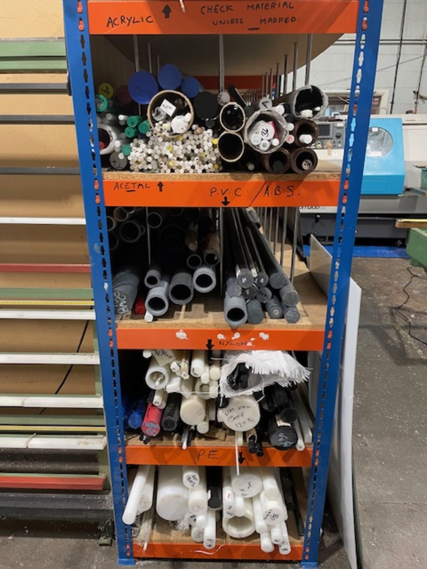 2 Orange/Blue Stock Racks & Contents of Assorted Plastic Bar, Tube, Acetal, Round Acrylic, PVC, ABS, - Image 2 of 4