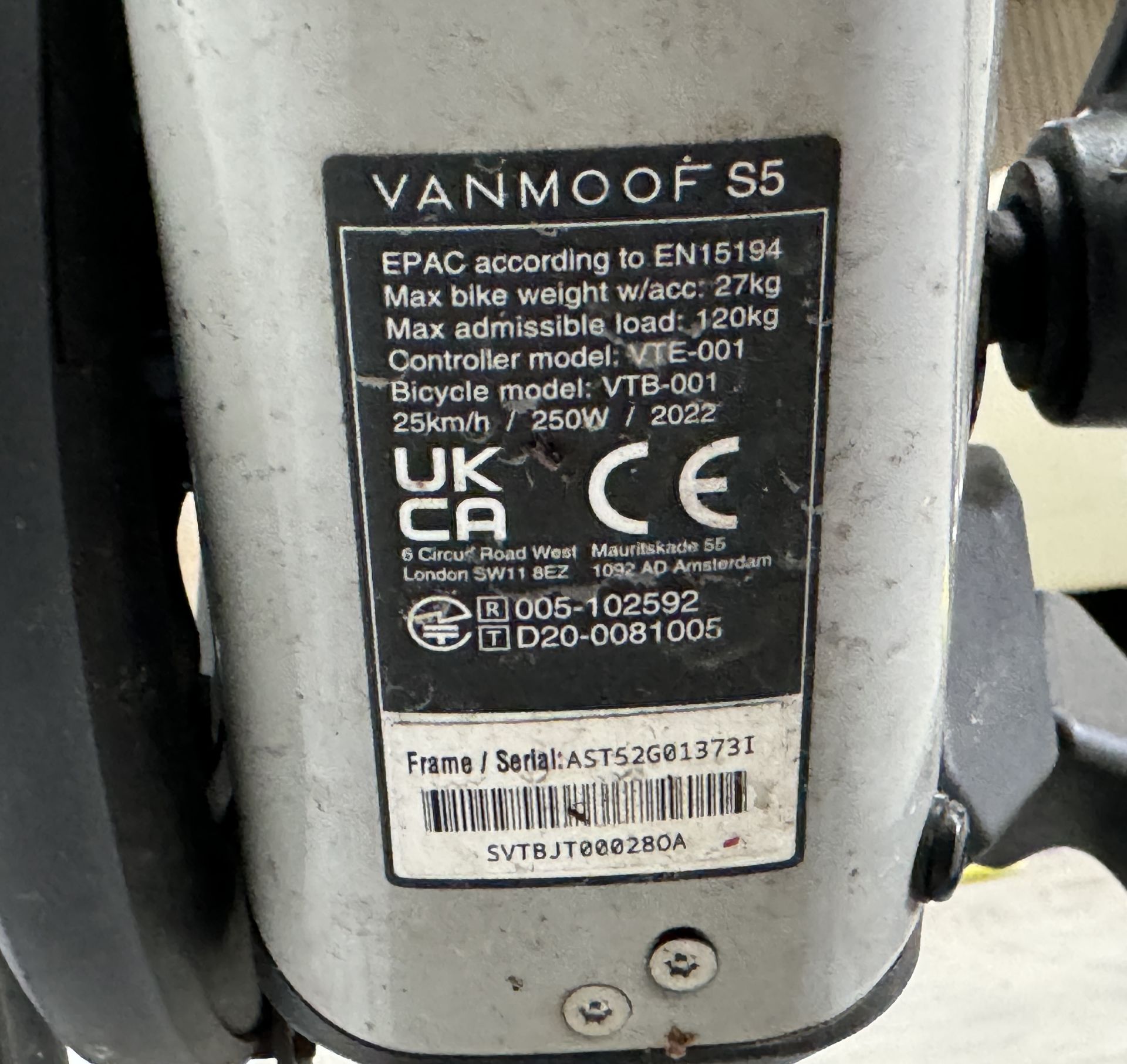 VanMoof S5 Electric Bike, Frame Number AST52G01373I, Serial Number AVTBK000042OA (NOT ROADWORTHY - - Image 2 of 2