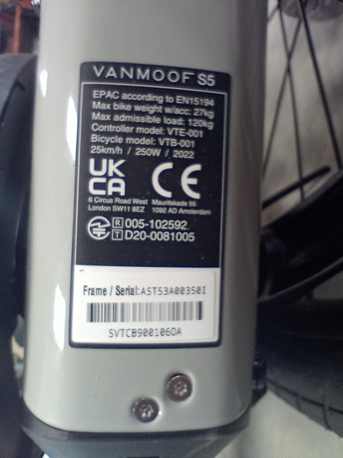VanMoof S5 Electric Bike, Frame Number AST53A00350I, Serial Number SVTCB900106OA(NOT ROADWORTHY - - Image 2 of 2