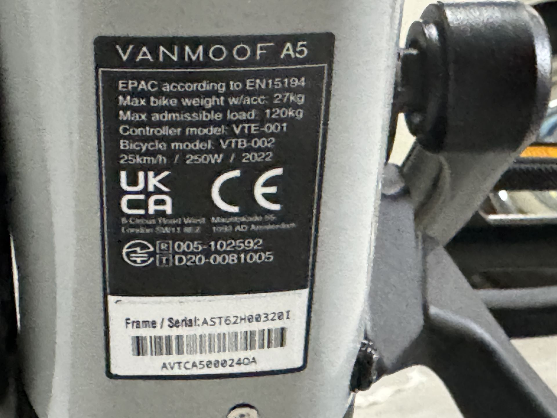 VanMoof A5 Electric Bike, Frame Number AST62H00320I, Serial Number AVTCA500024OA (NOT ROADWORTHY - - Image 2 of 2