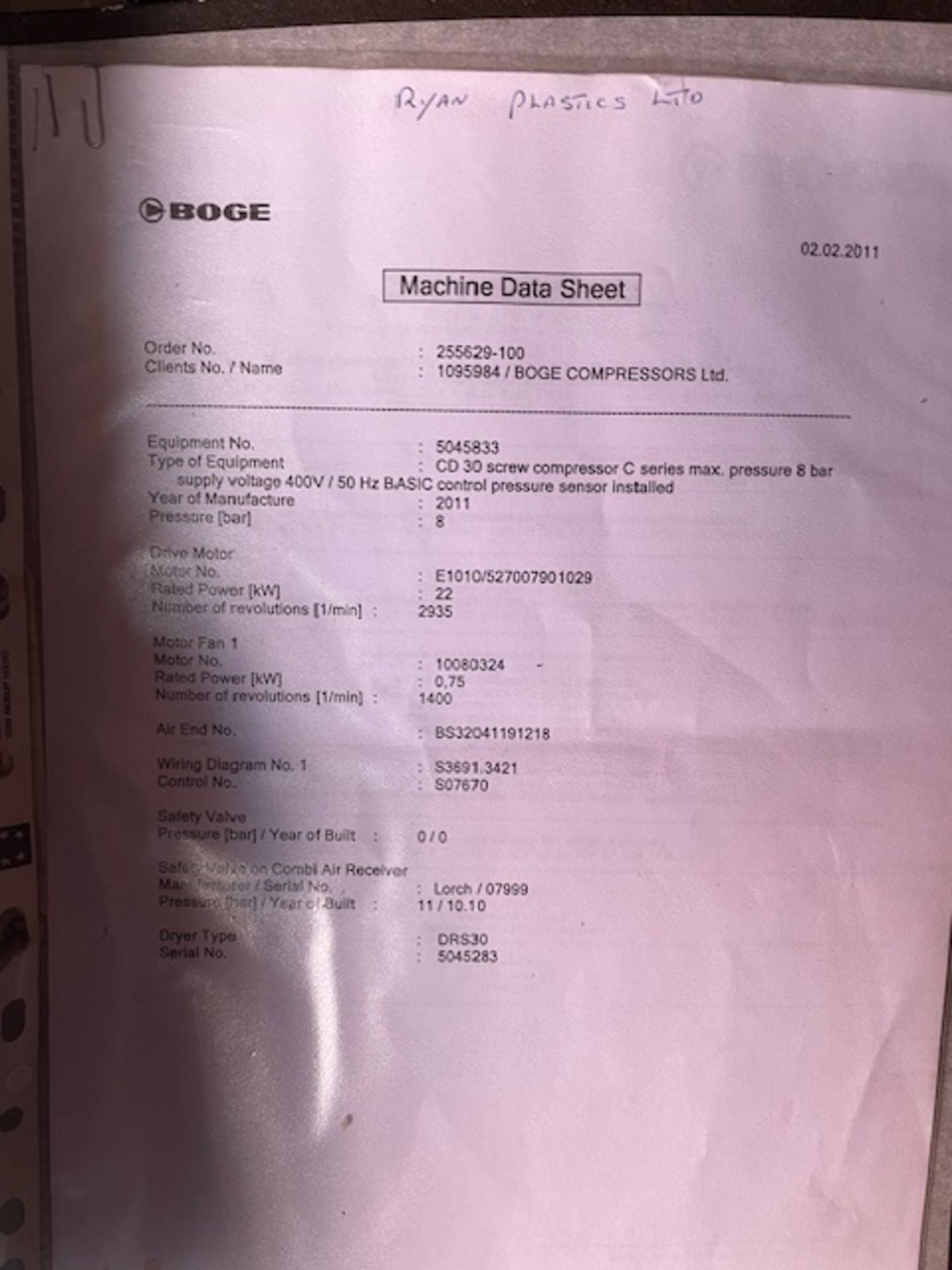 Boge CD30 Screw Type Compressor, Serial Number 5045283, Approx. 25,701 hours (2011) with - Image 5 of 5