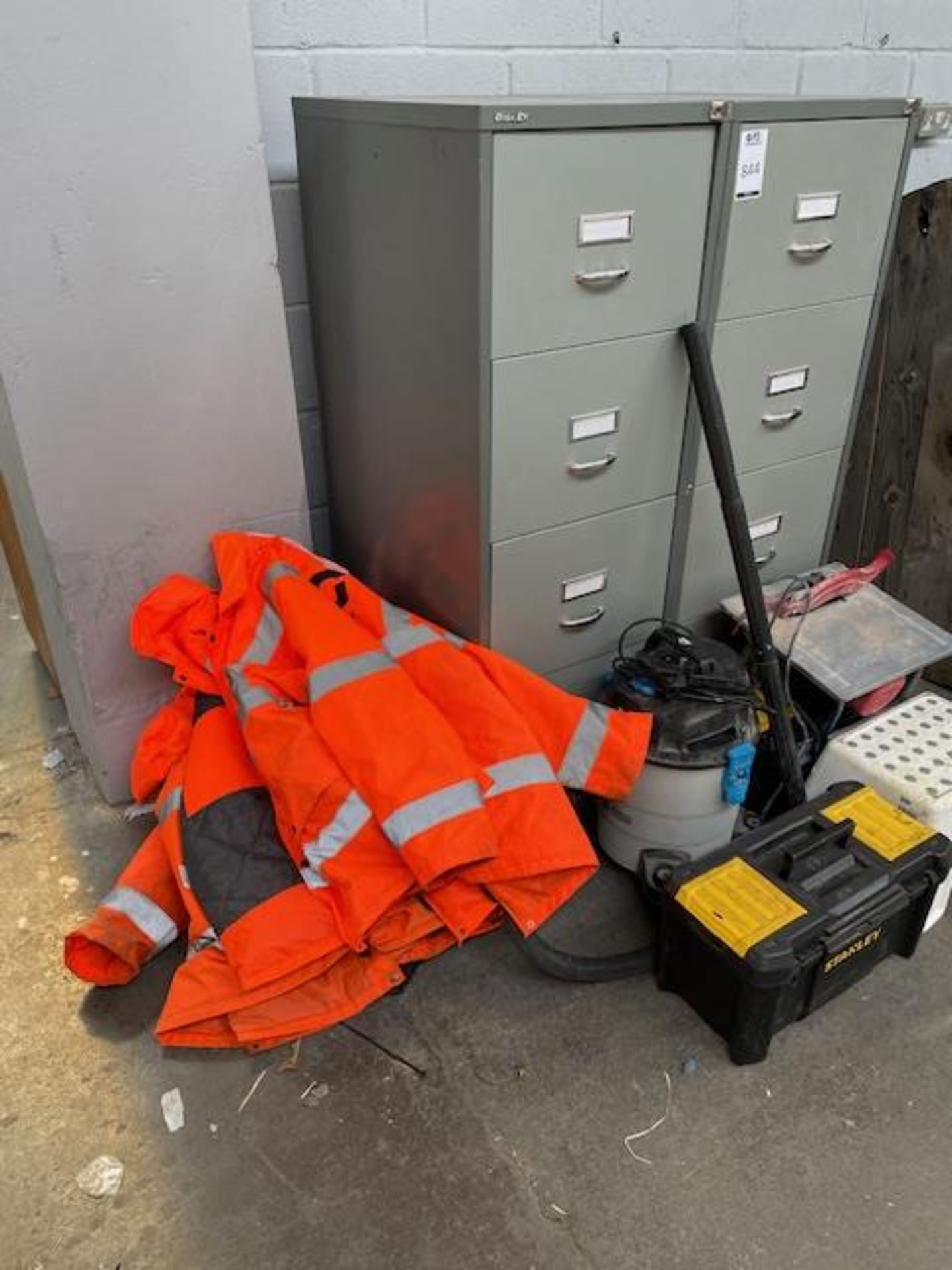 Two 4-Drawer Filing Cabinets, 2 Stanley Tool Boxes, MacAllister Cylinder Vacuum, Hi-Vis Coats & a - Image 2 of 2