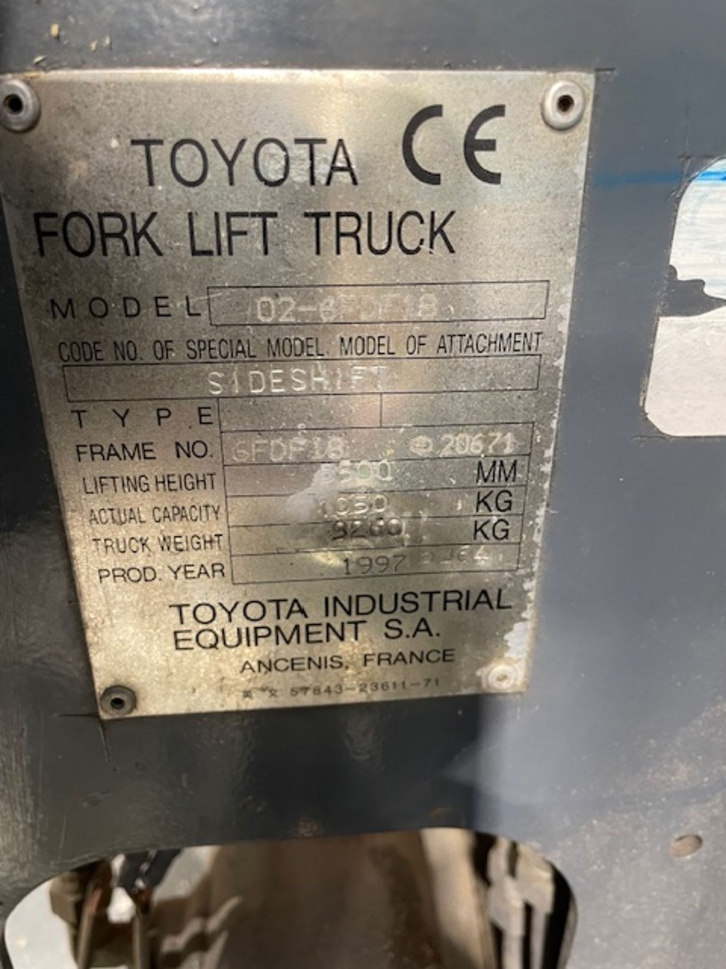 Toyota Model 026 6FDF18 Diesel Forklift Truck (1997), Serial Number 12978490/CMC60 Triple Mast - Image 5 of 6