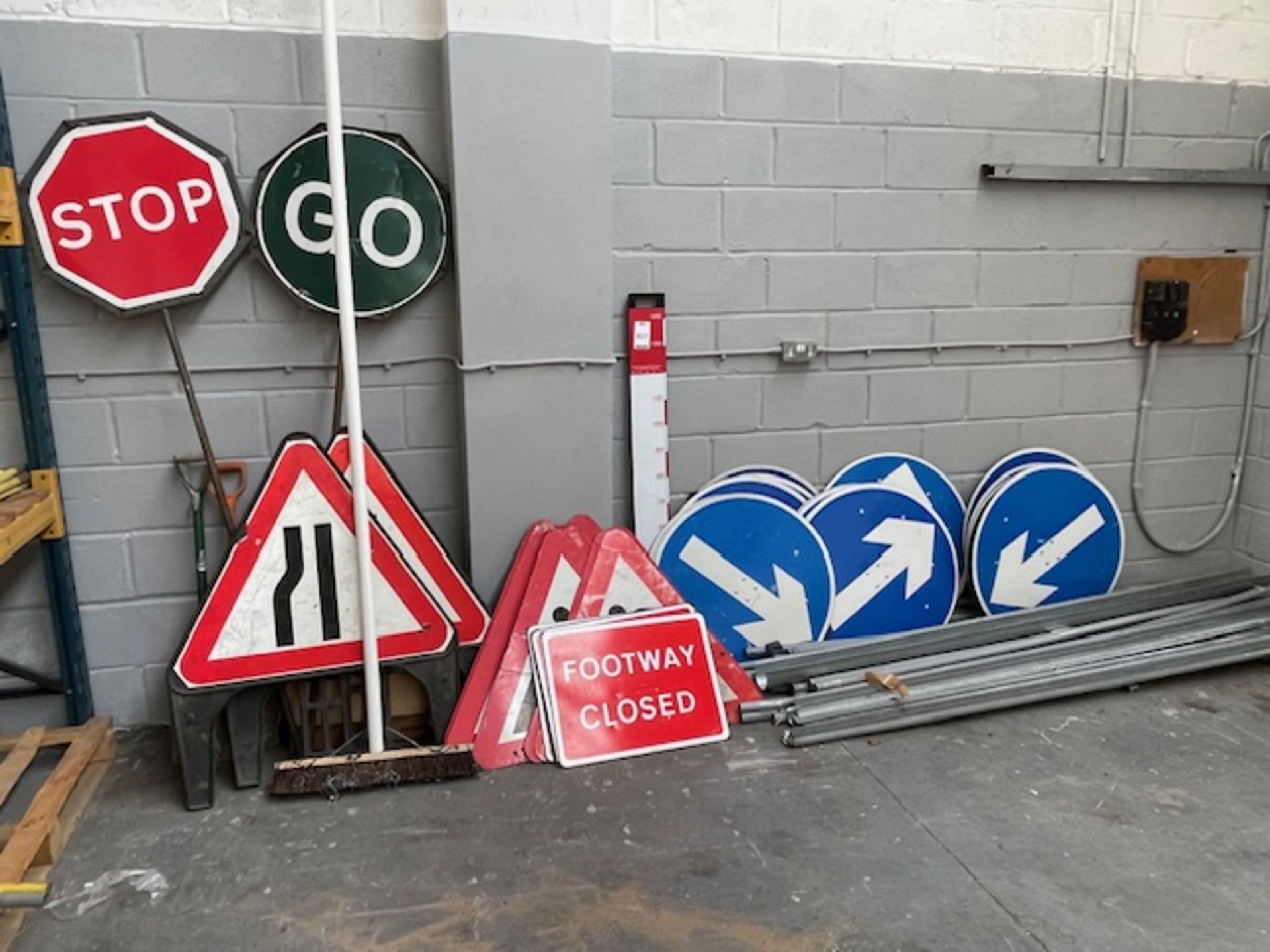 Various Road Signs, Spades, Galvanised Metal Strips, Brush etc (Location: Harlow. Please Refer to