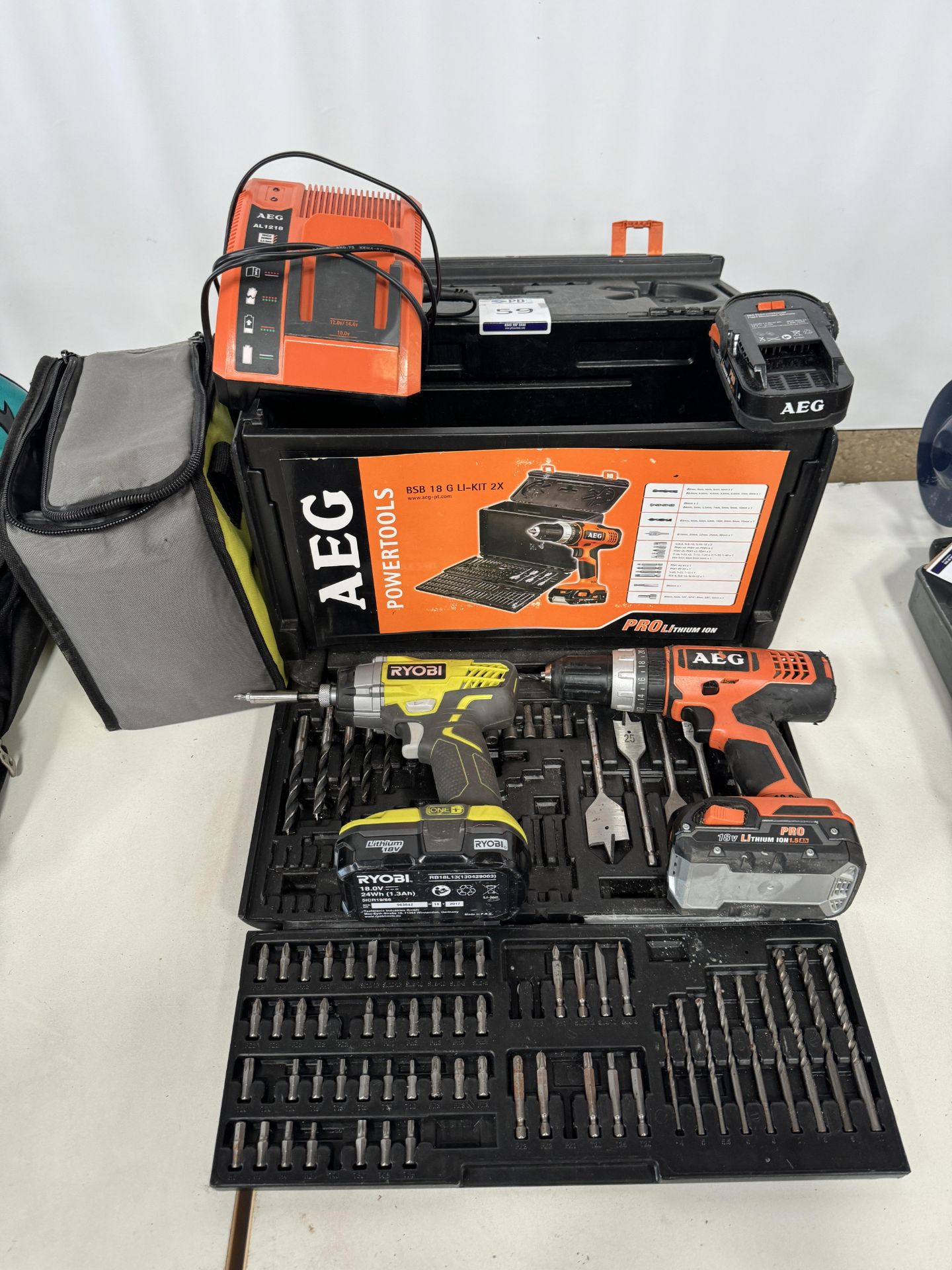 AEG BSB 18G Cordless Drill with Two Batteries &Charger and a Ryobi RID1801 Impact Driver with