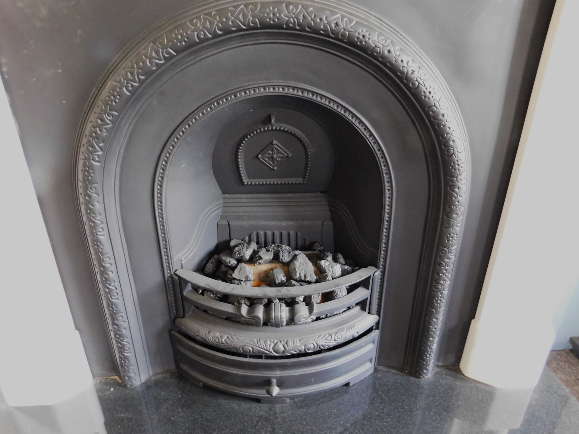 Ex-Display Mulholland 54” Aegean Limestone Surround with Black Granite Hearth & Fire (Where the - Image 3 of 4