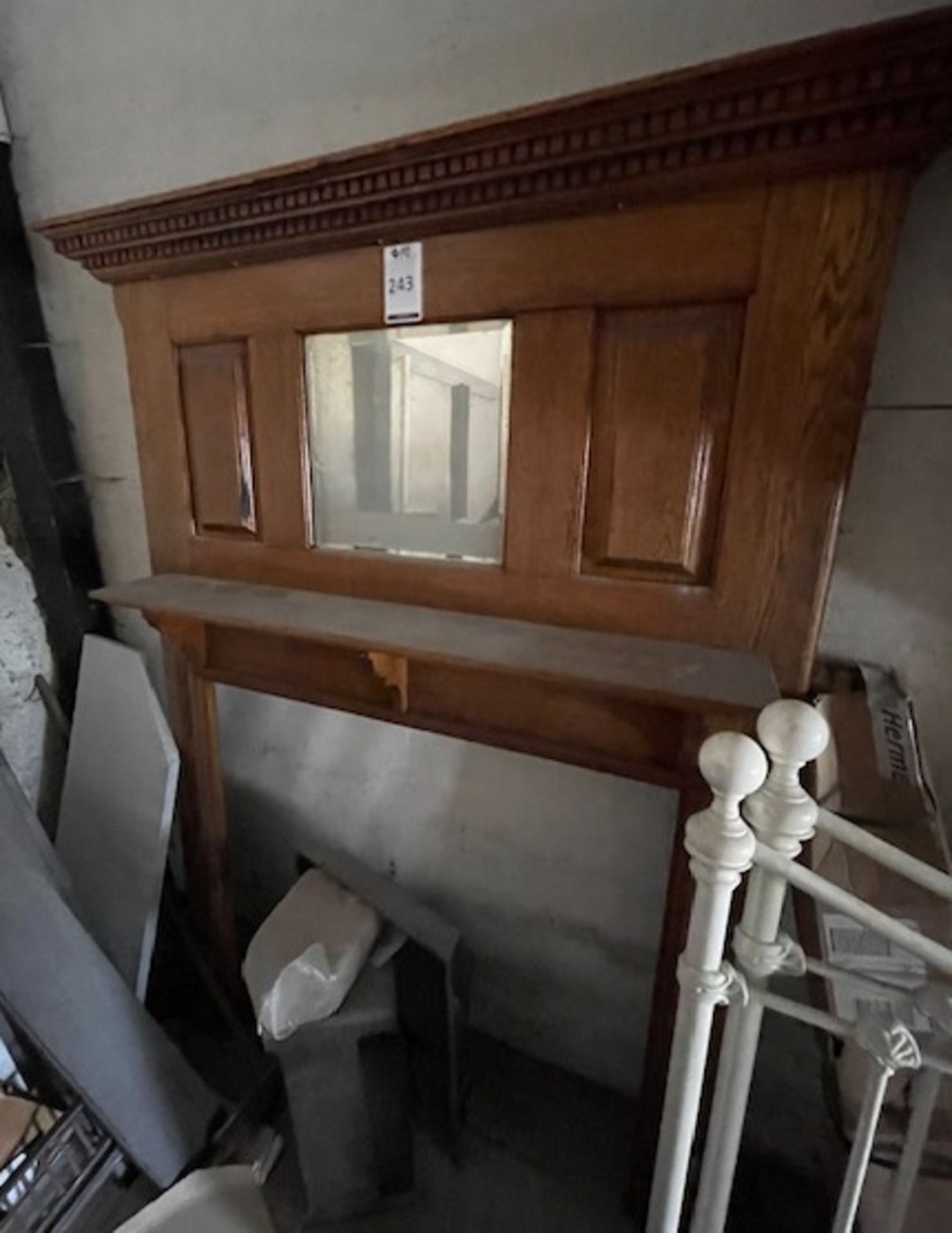 Medium Oak Fireplace Surround with Dentil Carving to Stepped Pediment, Central Bevel Edged Mirror