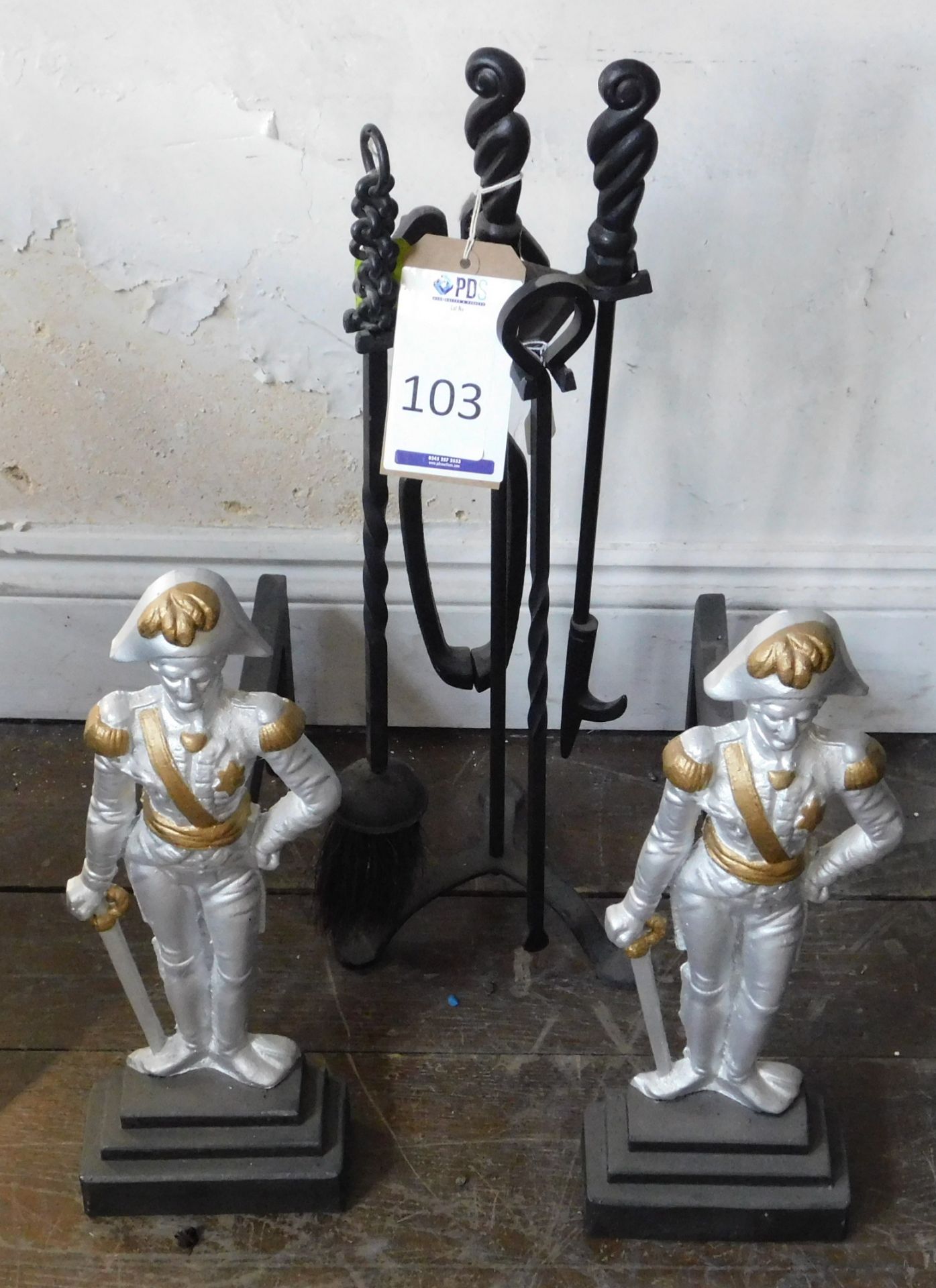 Ex-Display Cast Metal Companion Set & Pair of Andirons in Form of Admiral Nelson Figures (