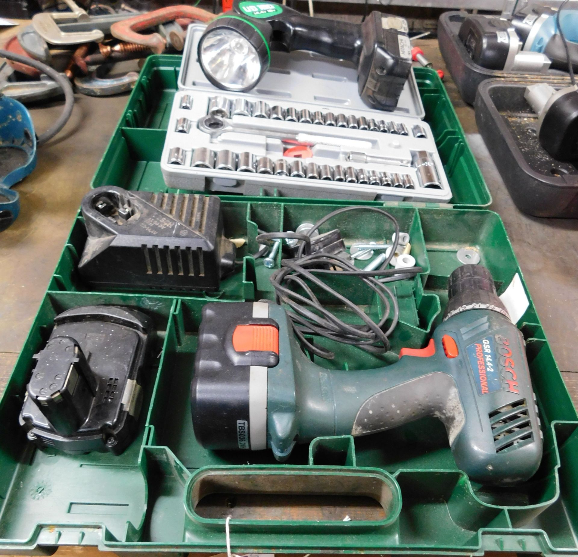 Bosch GSR14.4-2 Cordless Drill, Cordless Torch & Socket Set (Location: Bolton. Please Refer to