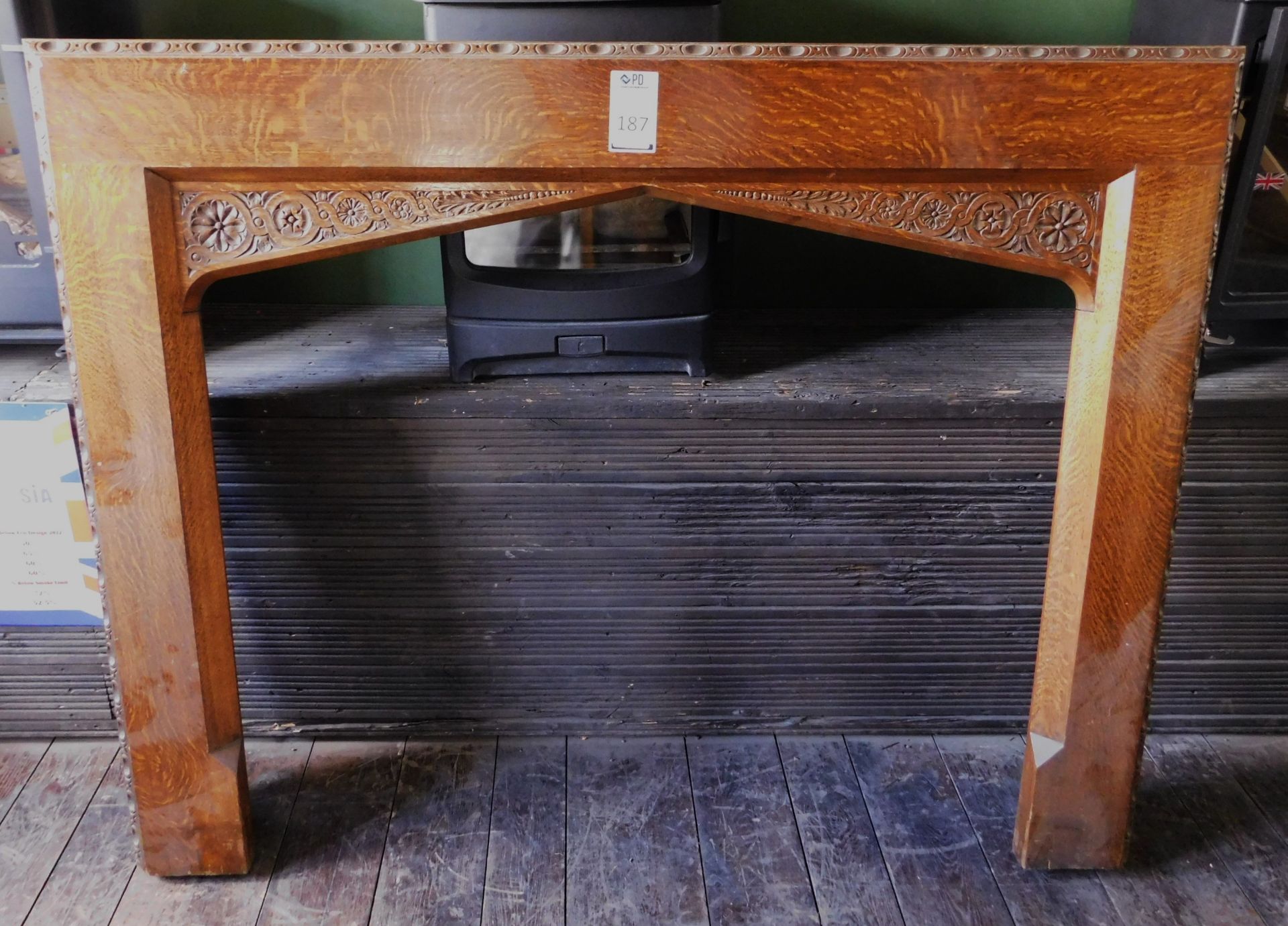 Medium Oak Fireplace Surround 60” with Carved Frieze & Border, Circa 1920/30’s (Location: Romford.