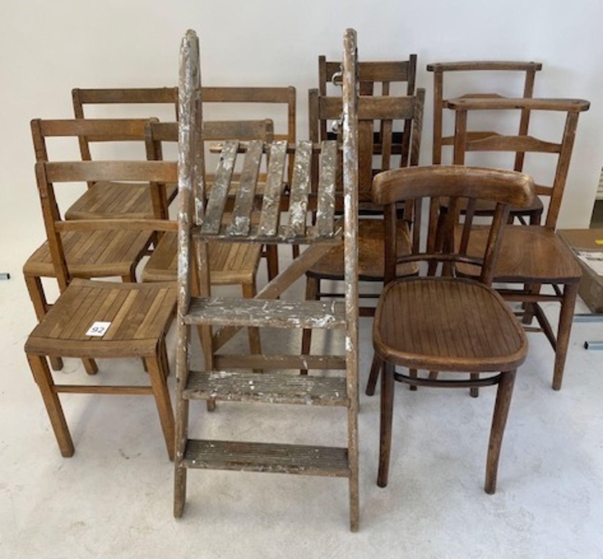 Five Early 20th Century Oak Classroom Chairs, Four Elm Church Hall Chairs, Bentwood Chair &