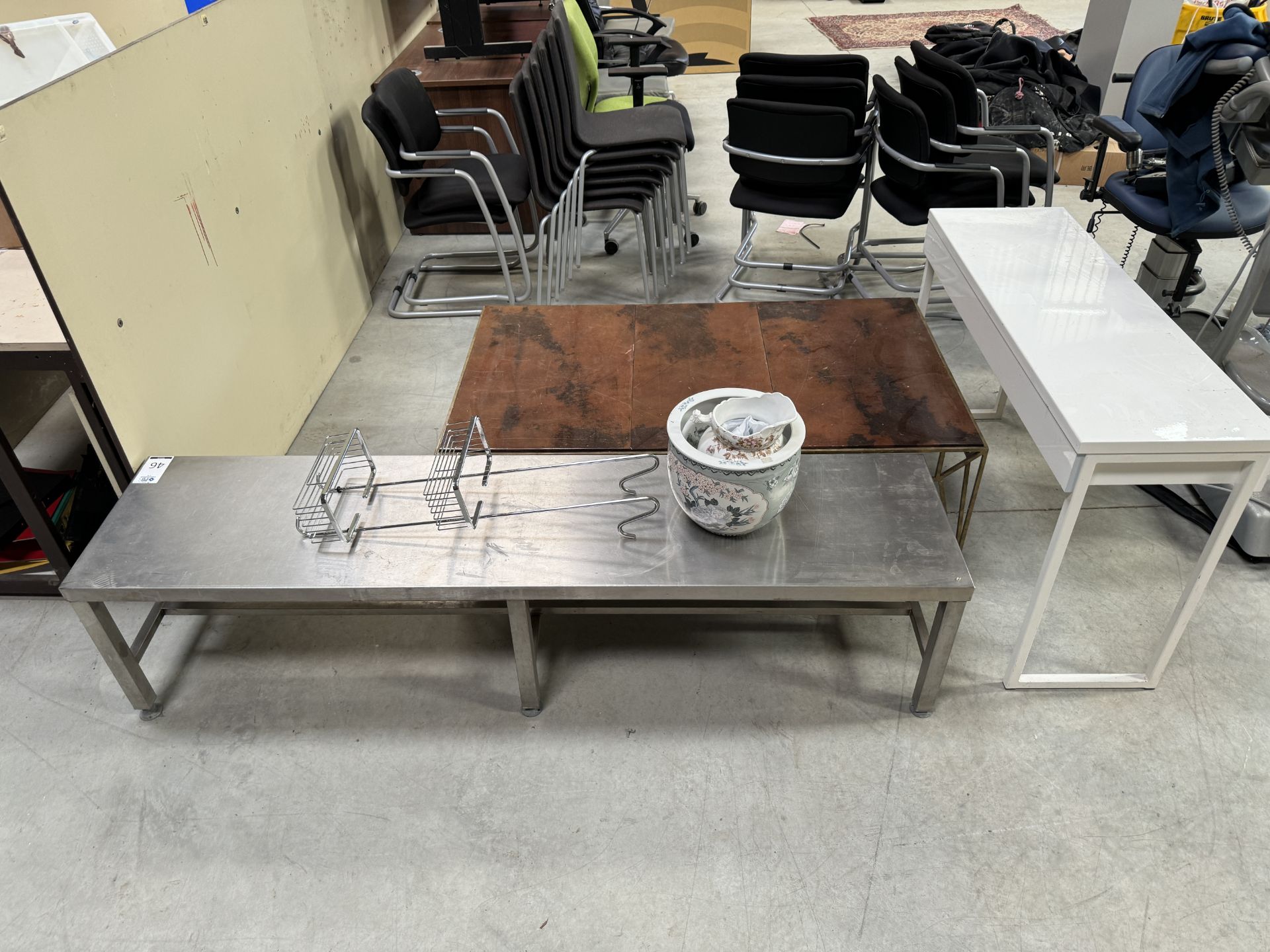 Stainless Steel Bench, Laminated Console Table & Metal Framed Coffee Table (Location: Brentwood. - Image 2 of 3