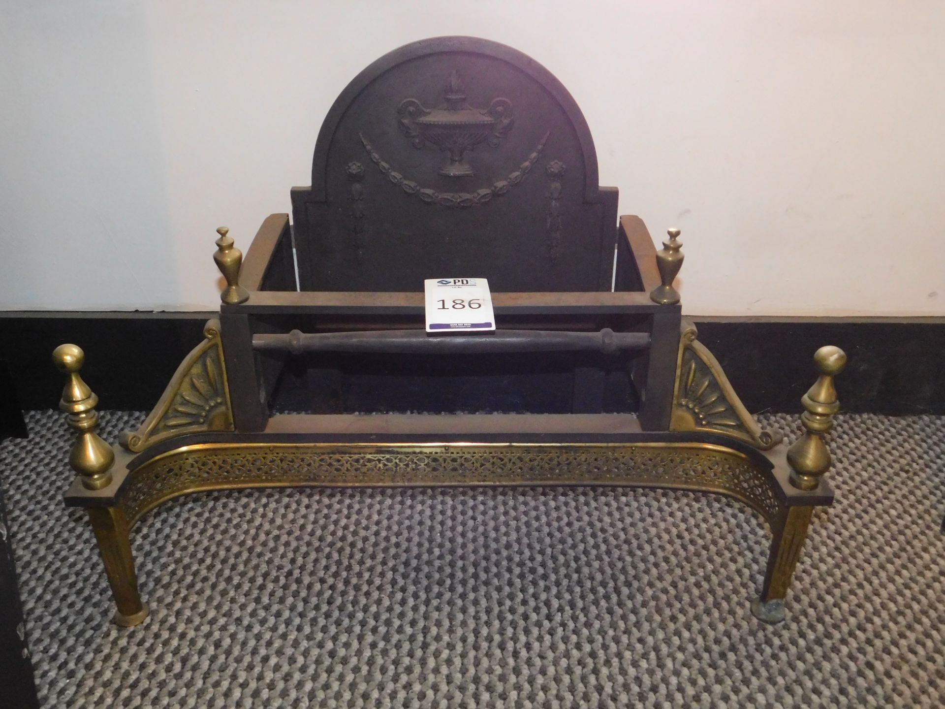 Ex-Display Reproduction Adam Style Dog Grate with Cast Metal Back &* Brass Finials (Location: - Image 2 of 2