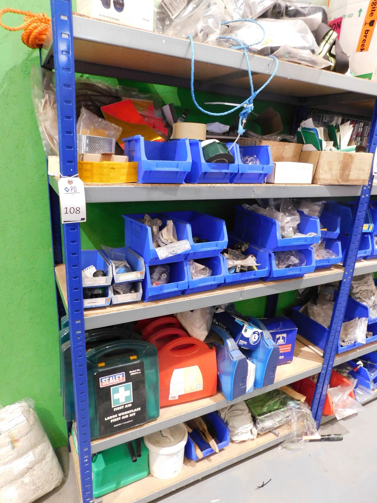 Rack & Contents of Assorted First Aid Kits, Fuel Cans, Harnesses, Reflective Tape etc (Located