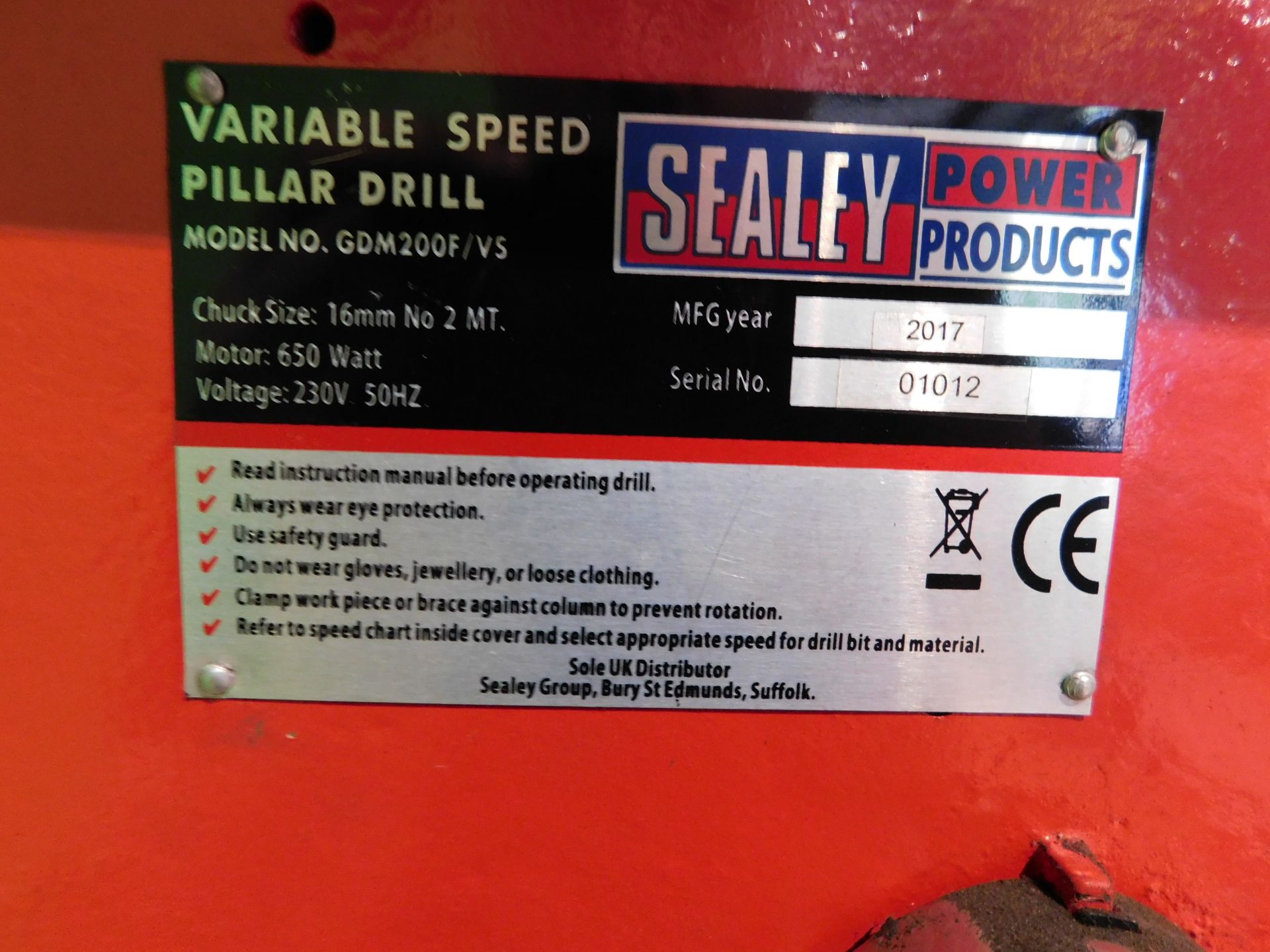 Sealey GDM200F/VS 16mm Variable Speed Pillar Drill, 240v (2017) Serial Number 01012 with Machine - Image 8 of 8