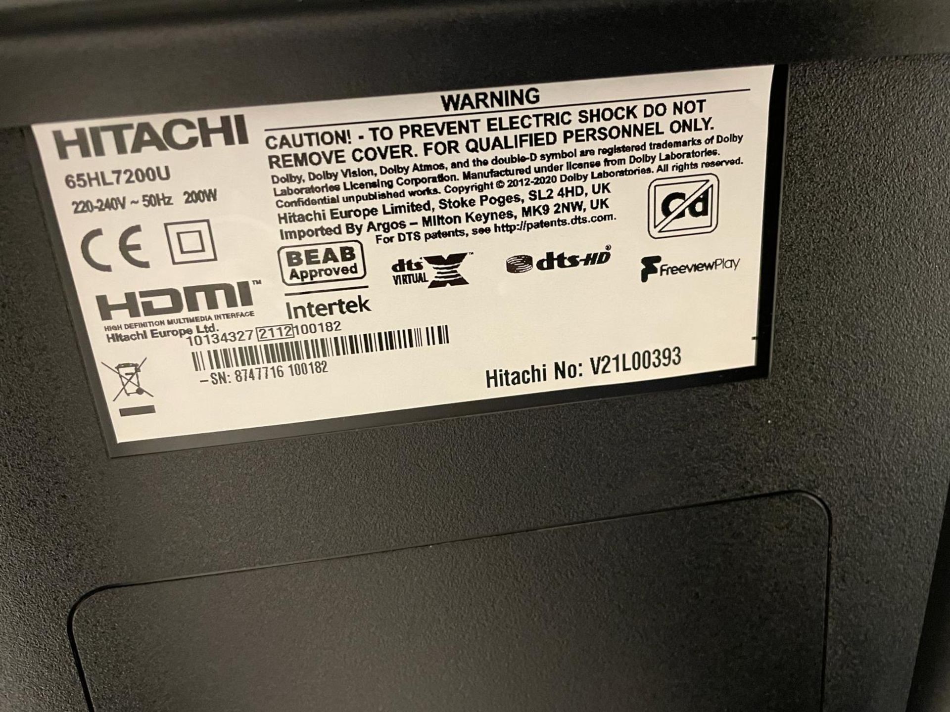 Hitachi 65HL7200U Television on Mobile Stand (Located Rugby. Please Refer to General Notes) - Image 2 of 2