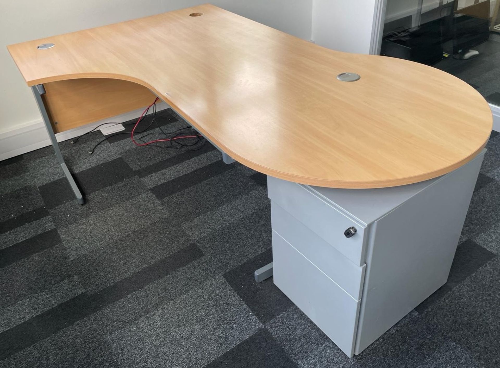 Light Oak Effect Curved Desk, 3-Drawer Pedestal, 2-Drawer Pedestal & 4-Drawer Filing Cabinet (
