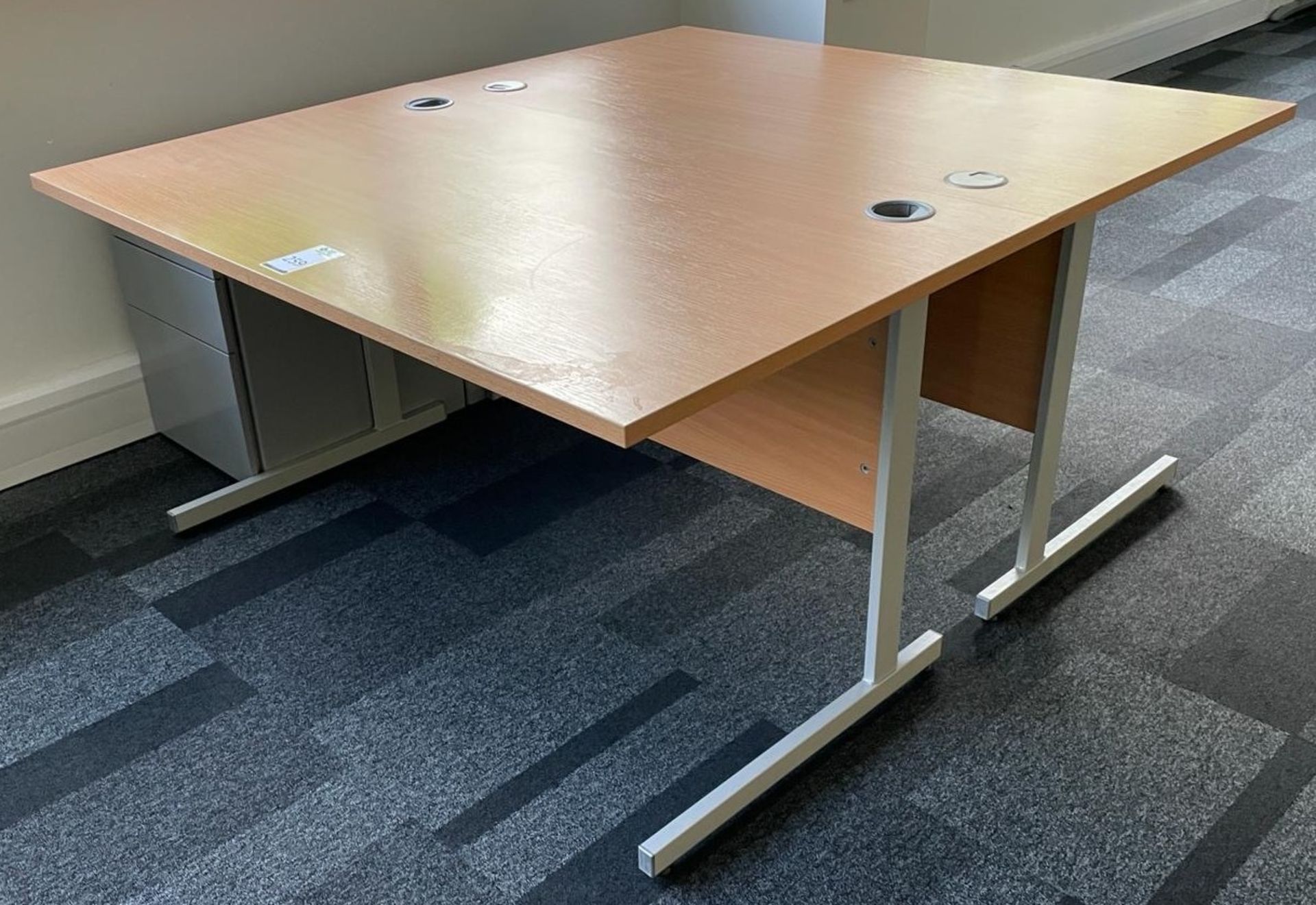 2 Light Oak Effect Desks, Beech Effect Curved Desk & 3 Pedestals, 3-Drawer (Located Rugby. Please