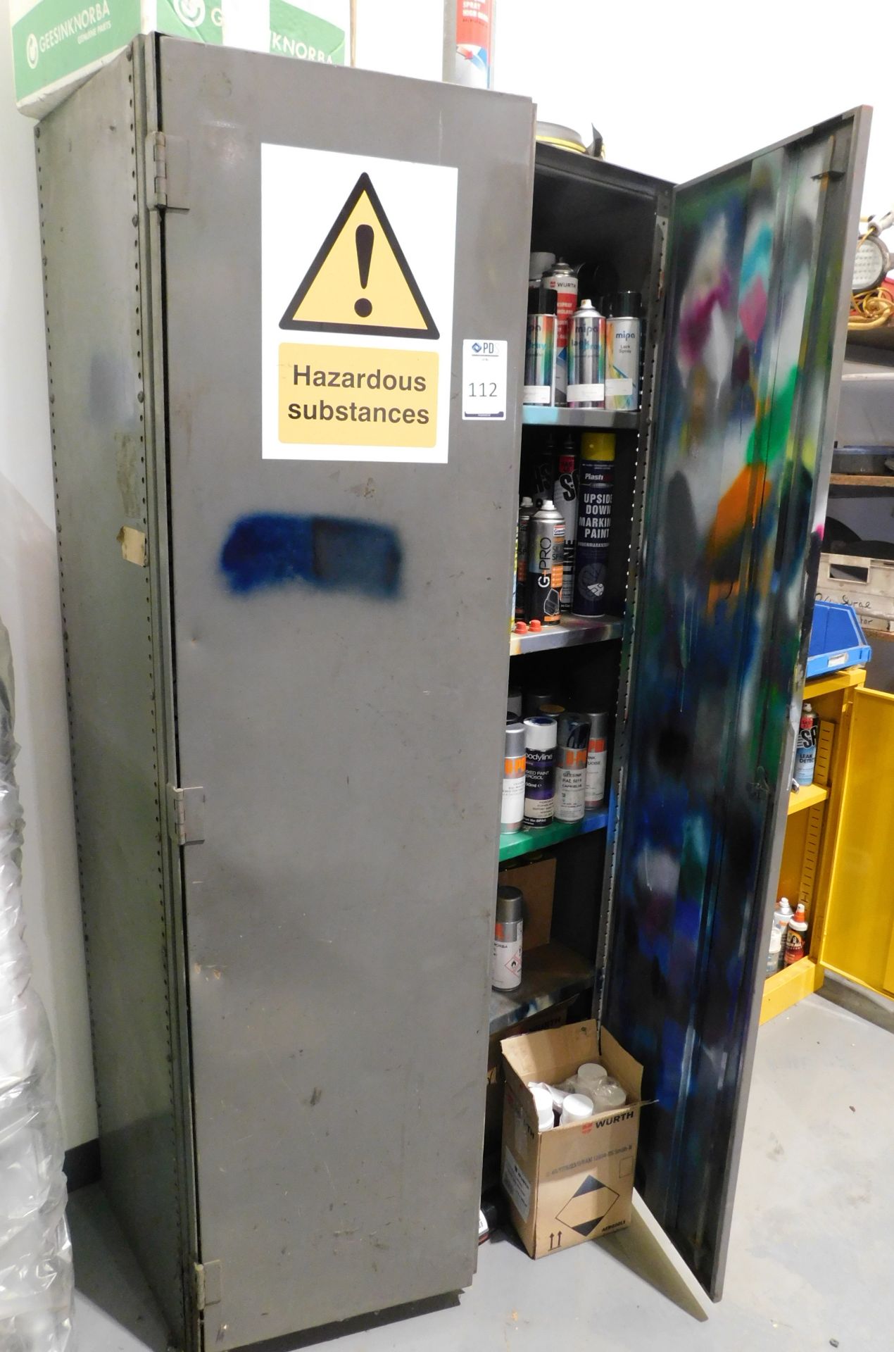 2 Double Door Cabinets & Contents of Assorted Sprays Cans, Adhesives Etc. (Located Rugby. Please