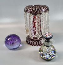 Victorian ruby flash cut glass vase lustre, together with a Caithness 'Vortice' paperweight and