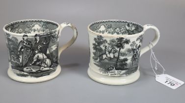 Two 19th century black and white Staffordshire pottery mugs transfer printed with scenes from