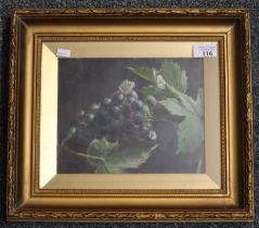 British School (early 20th century), still life study of grapes on a vine, oils on artist board.