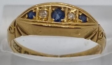 18ct gold diamond and sapphire five stone ring. 2.1g approx. Size O. (B.P. 21% + VAT)