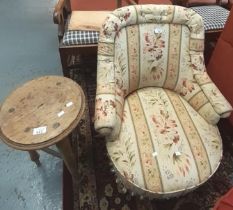 Edwardian upholstered nursing/bedroom chair together with a small pale oak three legged stool. (