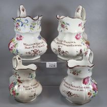 Four graduated 19th century Swansea Cymro stone china pouch shaped dresser jugs with hand painted