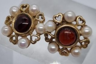 Pair of 9ct gold pearl and garnet earrings. (B.P. 21% + VAT)