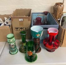 Two boxes of assorted coloured glassware: overlay glass, flash cut glass etc. (2) (B.P. 21% + VAT)