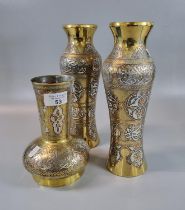 Pair of Islamic design silver inlaid ovoid vases together with a similar Islamic design baluster