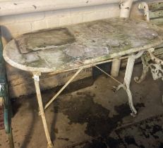 D ended marble topped garden table with cast metal base. (B.P. 21% + VAT)