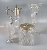 Collection of glass to include: claret jug with silver mount and handle, hobnail cut biscuit