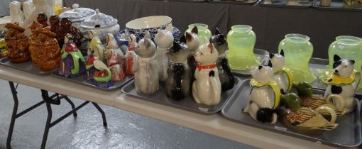 Three trays of novelty teapots, coffee pots and jugs; Tony Wood cats, old ladies, ducks, dogs etc.