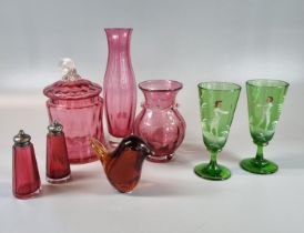 Collection of mainly Victorian cranberry glass and other items to include: vases, jar and cover, two