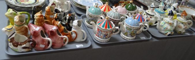 Three trays of novelty china teapots and jugs to include: Tony Woods clowns and animals, P&K and