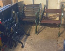 Two pairs of cast metal bench ends together with two cast metal garden seats requiring new slats. (