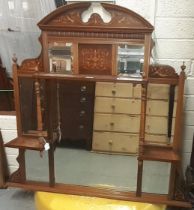 19th century rosewood and marquetry inlaid over mantle mirror having fixed shelves and an