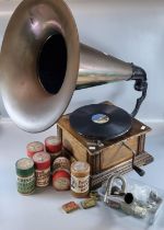 Vintage wind up gramophone with brass horn and accessories also including Edison phonograph